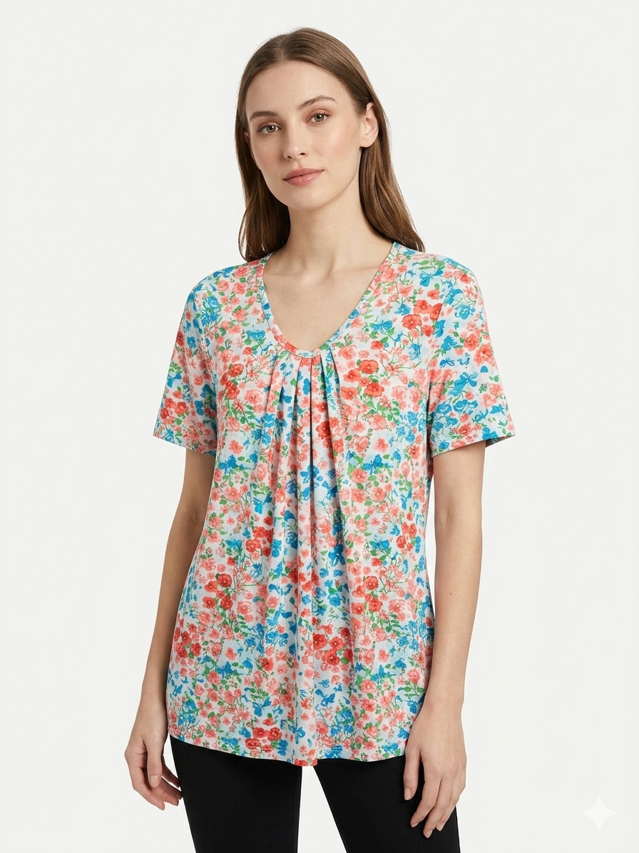 Ladies Plus Size Top White-Red-Blue Flowers