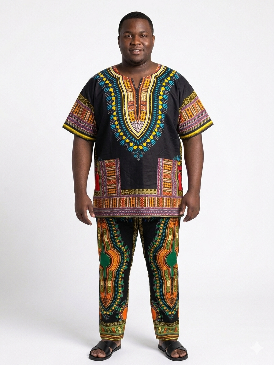 Plus Size Men Cotton Dashiki Black-Etnia Negra