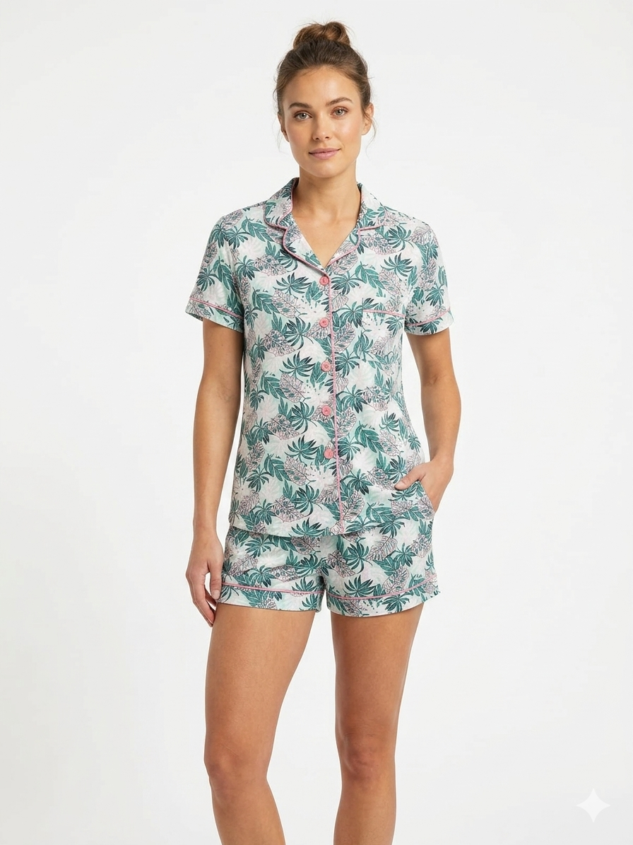 2 PC Short Set Collar Button Front Green with Flowers