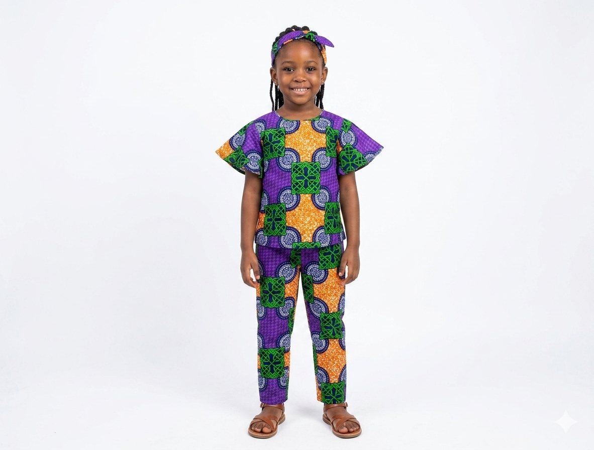 Conjunto Niña Morado-Verde-Naranja ( Etnia Negra)