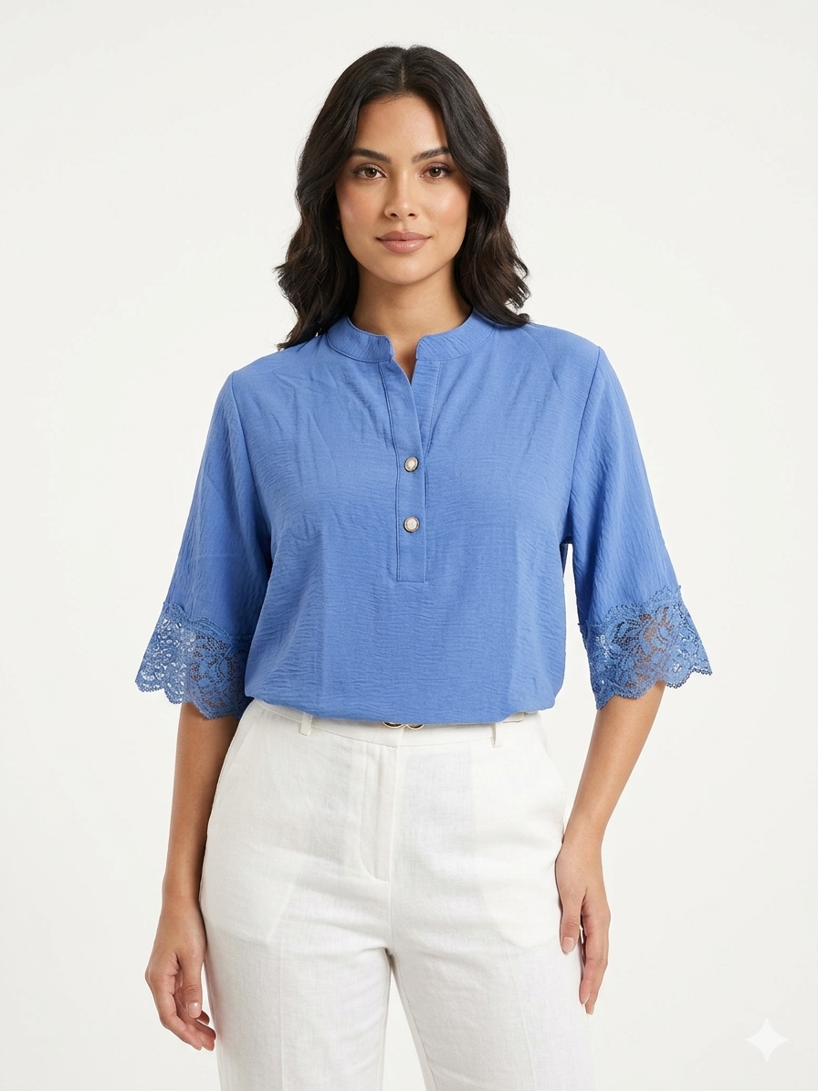 Vestido "Air Flow" para mujer, tipo Henley con 2 botones, manga de ganchillo azul - Liz & Lilli