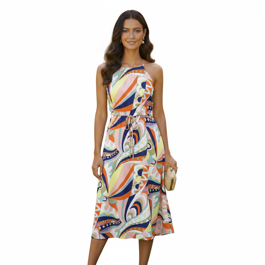 Tie Back Printed Dress Coral