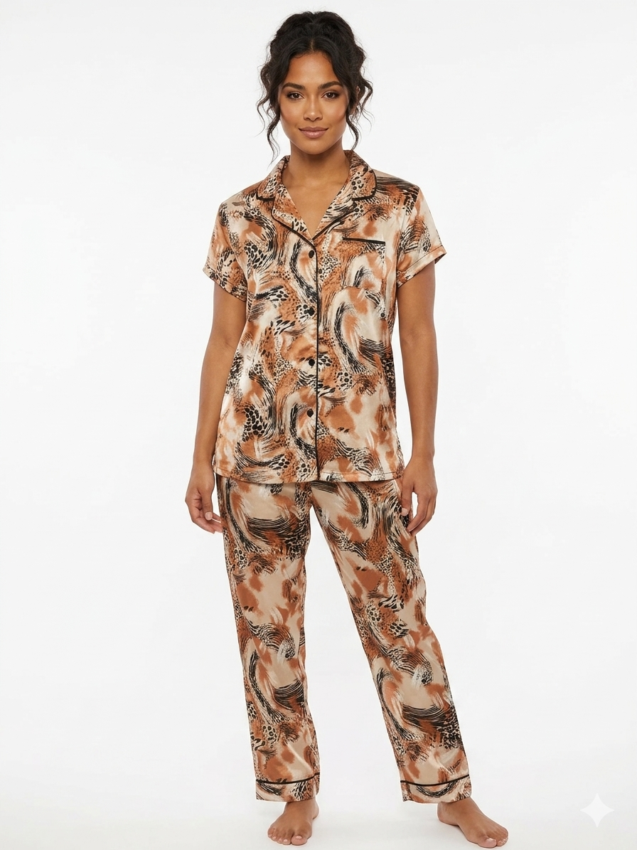 Ladies 2pc Aop Satin Notch Collar Top / Pant Set , Animal Brown