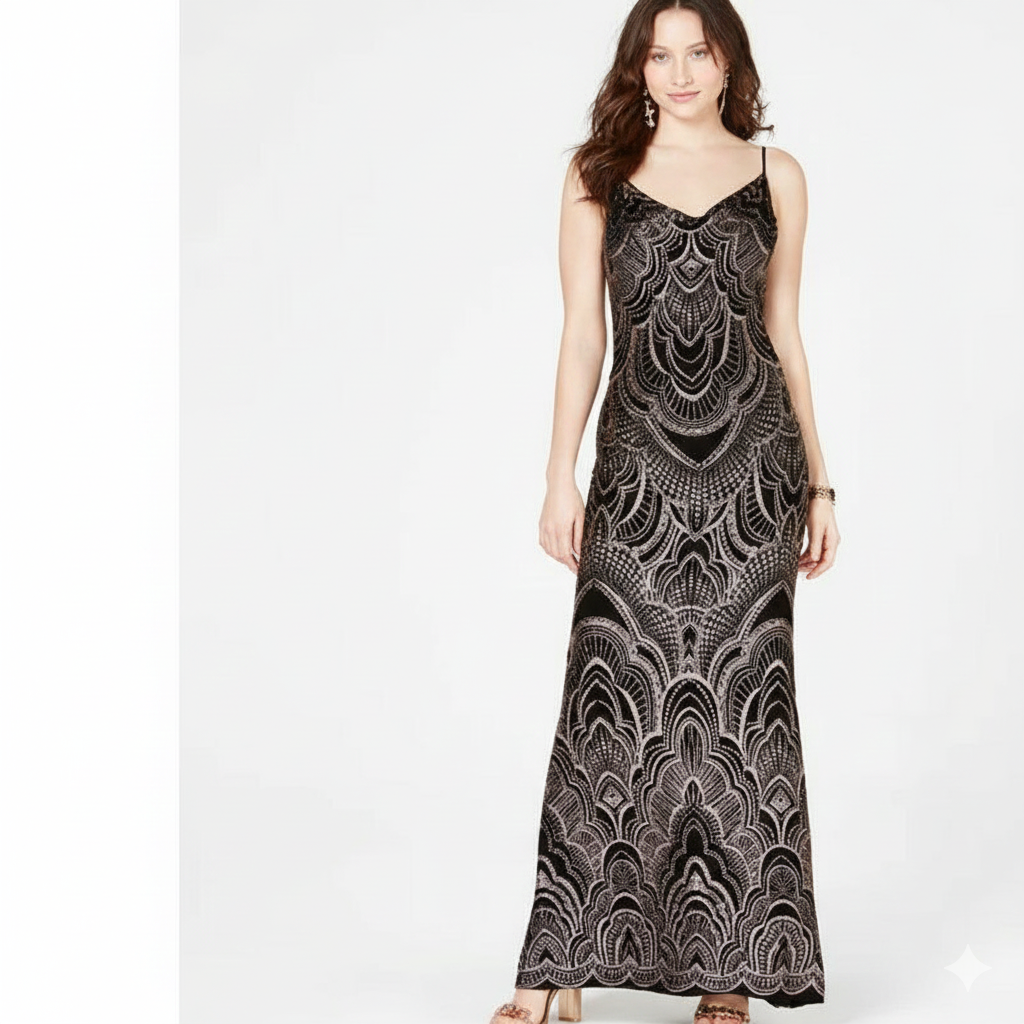 Long slip glitter print gown , Prom Dress Black/Gold - Jump