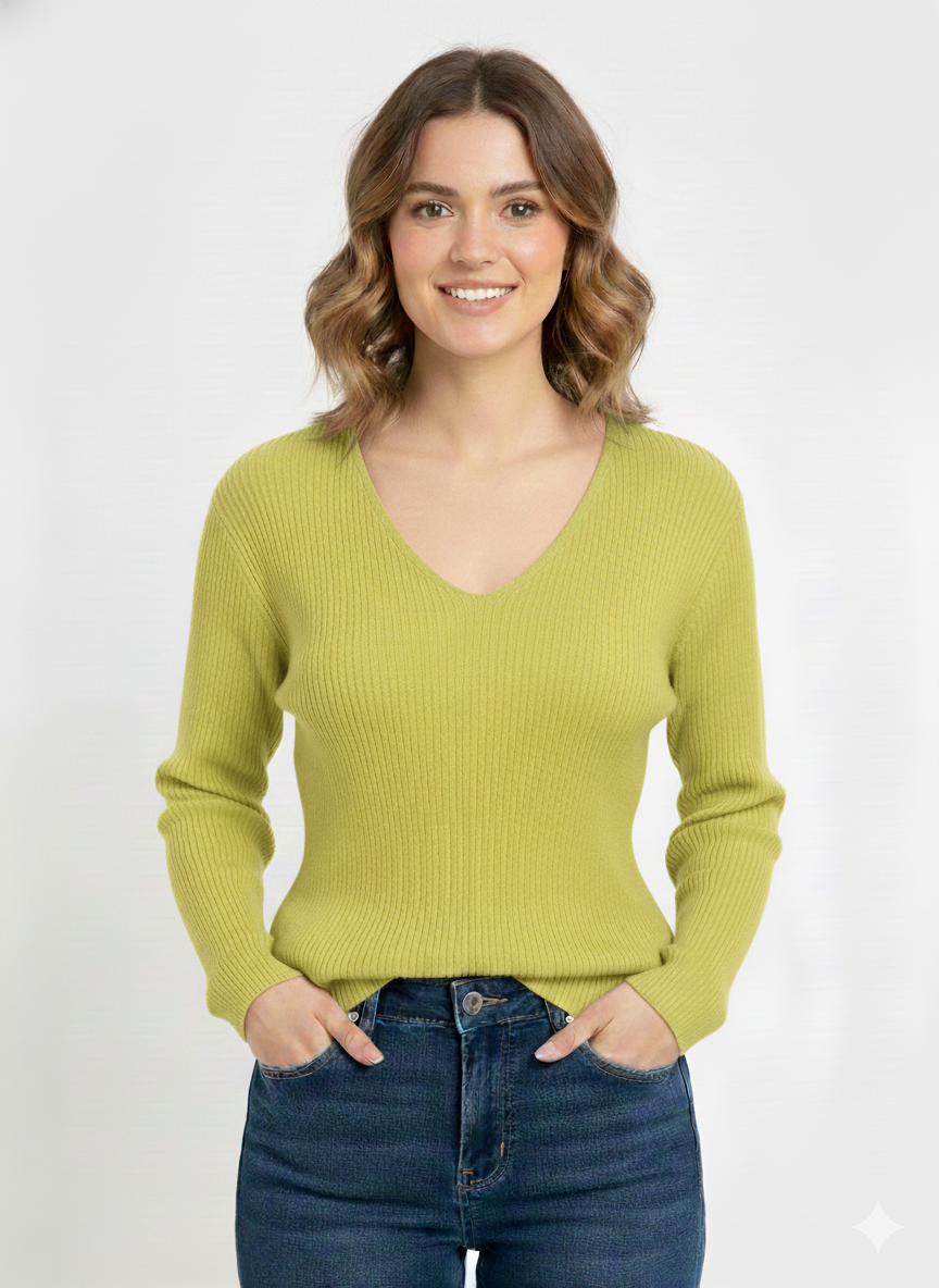 Ladies Solid Sweater Ribbed Neck Green - Liz & Lilli