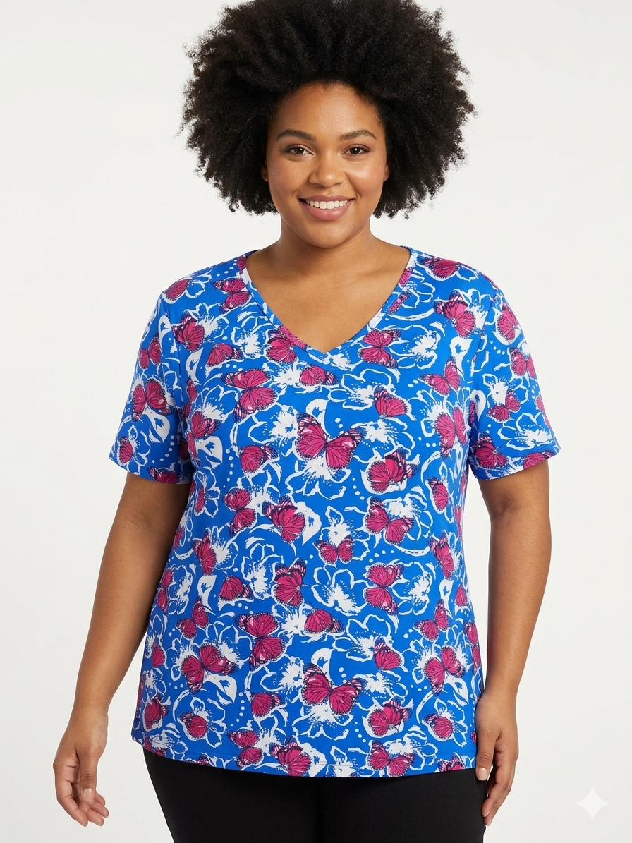 Ladies Plus Size Blue Tops Butterflies Multi