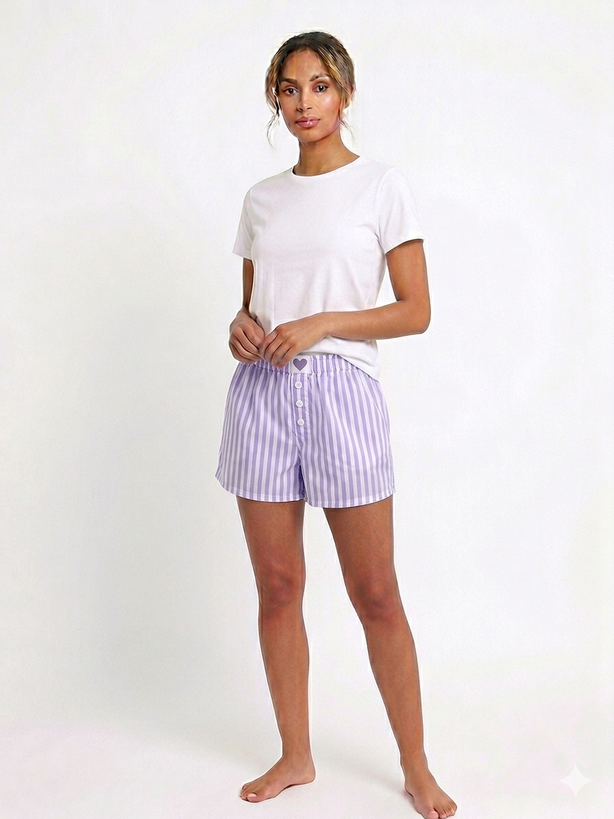 Ladies Woven Shorts W / Patch , Stripes Purple