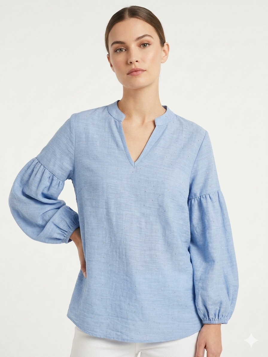 3/4 Balloon Sleeve Popover Chambray
