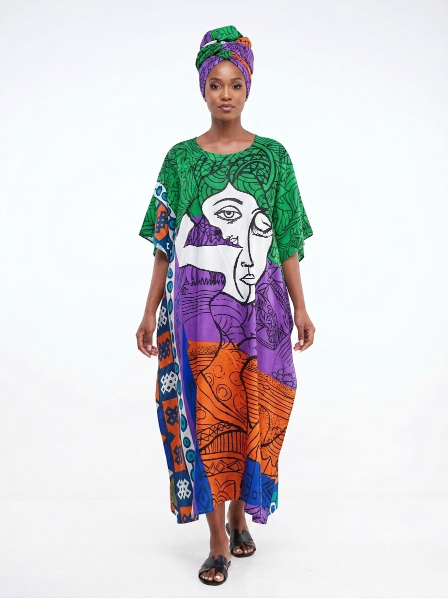 Kaftan Long Green-Purple Print - Etnia Negra