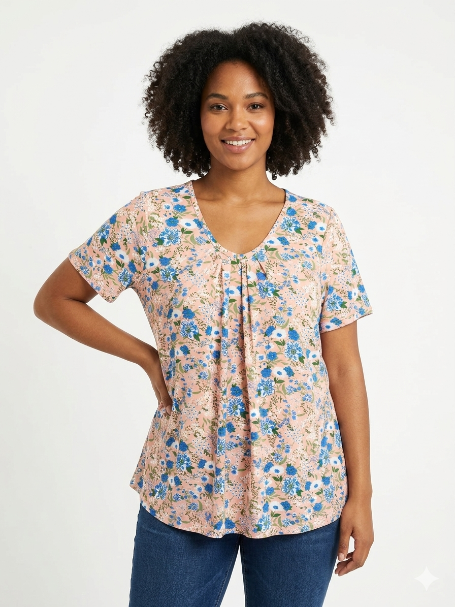 Ladies Plus Size Top Rose-Blue Flowers