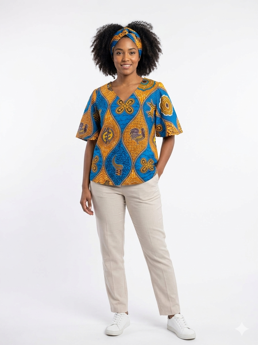 Camisa Dama Azul-Mostaza (Etnia Negra)