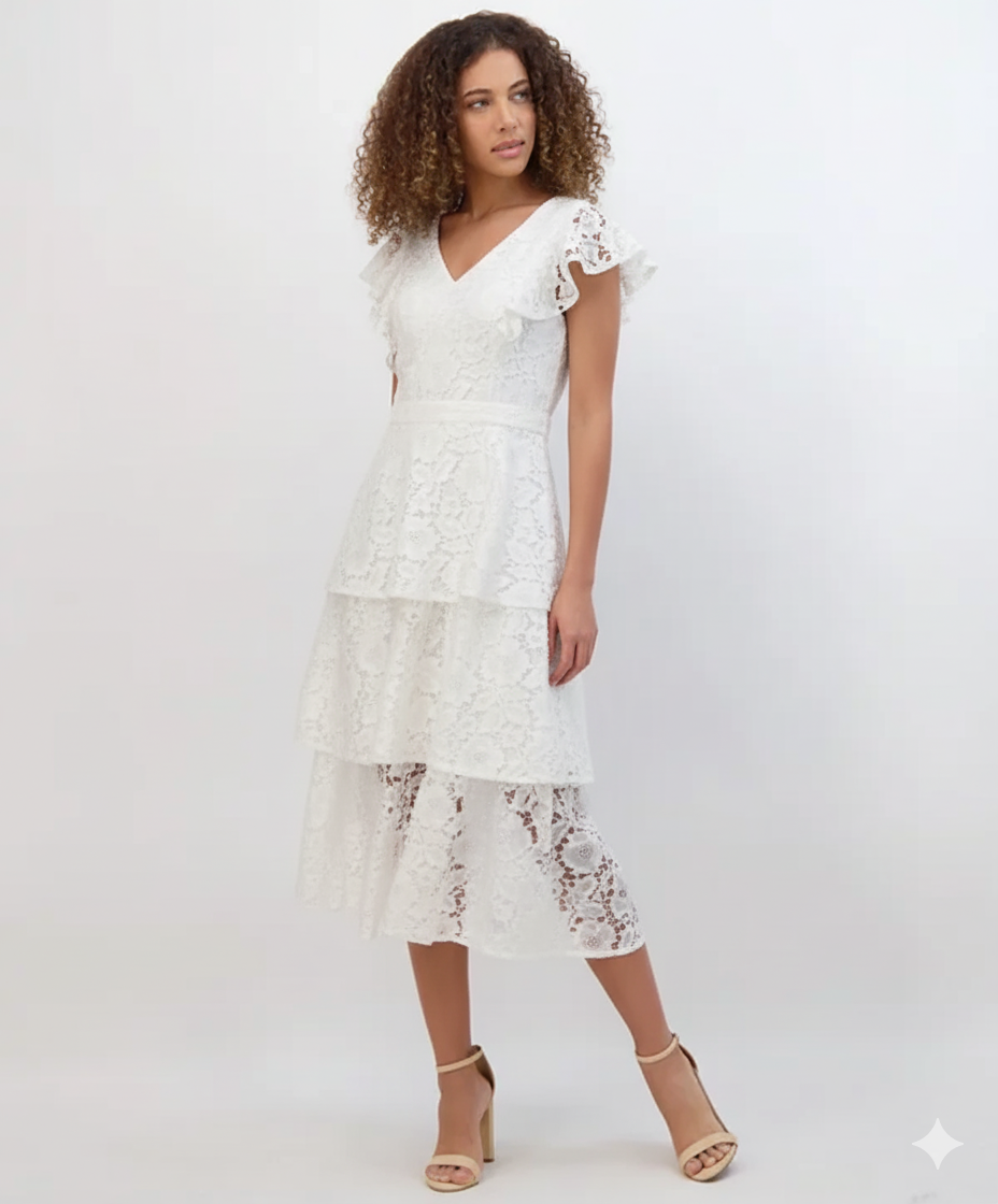 Tiered Lace Midi Dress White - Kensie