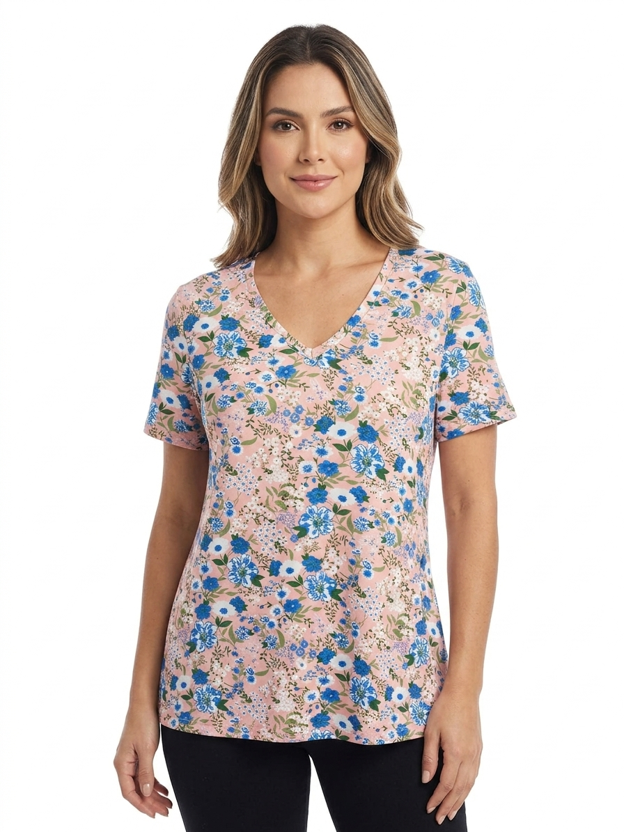 Ladies Print Top Pink with Flowers Blue