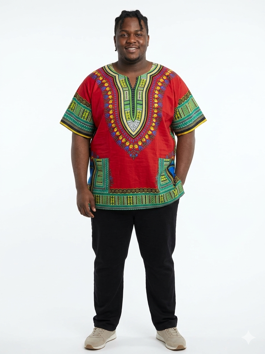 Plus Size Men Cotton Dashiki Red-Etnia Negra
