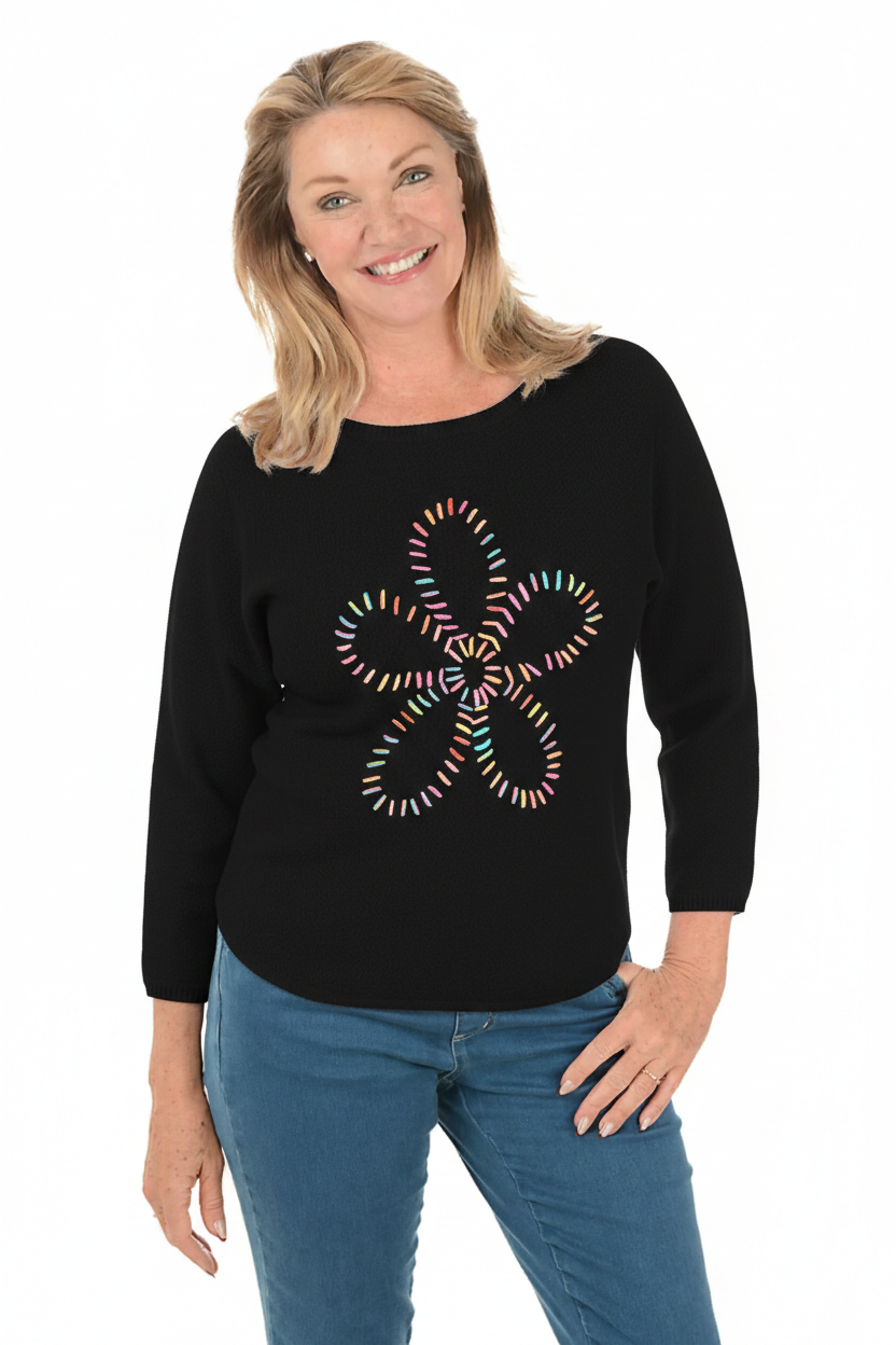 Black Embroidered Daisy 3/4 Sleeve Sweater - Ninety