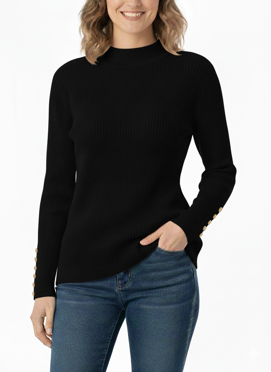 Ladies Solid Sweater Turtle Neck with Buttons Black- Liz & Lilli