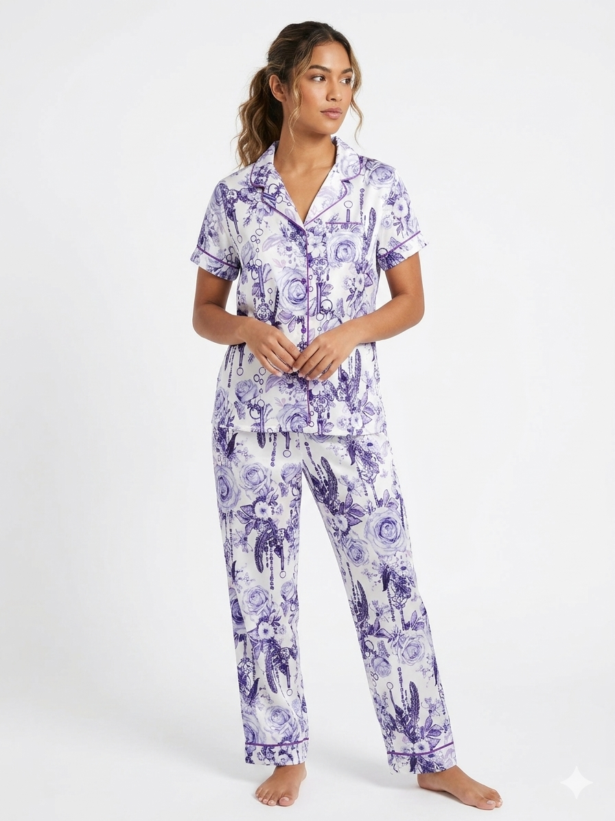 Ladies 2pc Aop Satin Notch Collar Top / Pant Set , Floral / White / Lavender