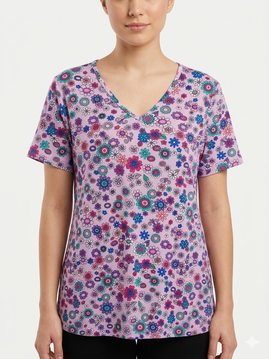 Ladies Print Top Purple Flowers