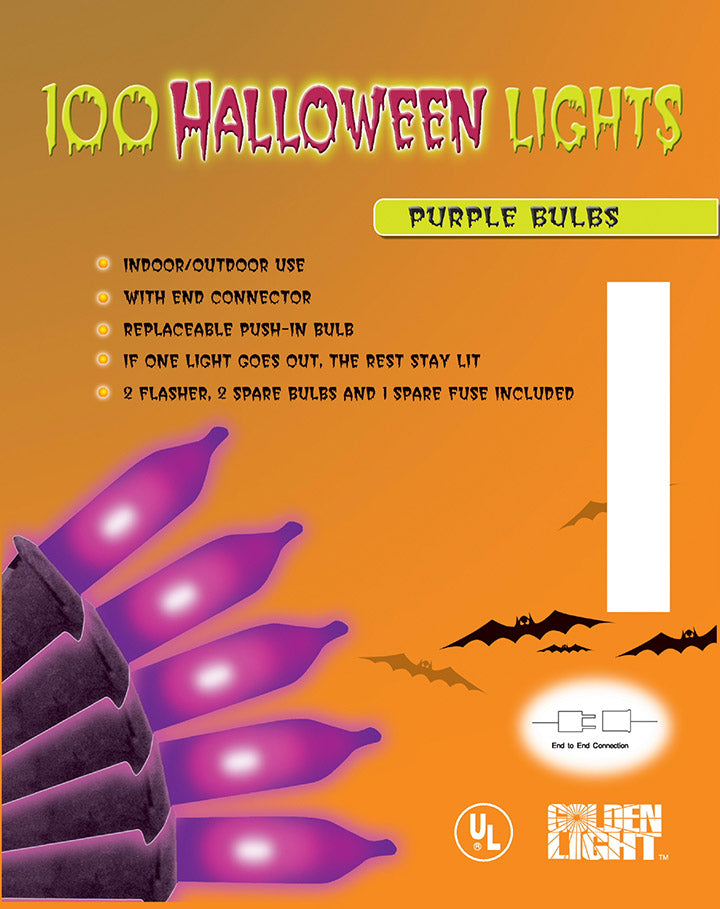 UL 100ct Hllwn String Ligths prpl/Blk Wire Tray Pack