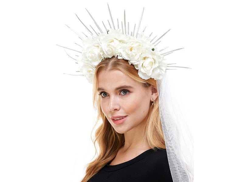 Headband-Day of the dead white silk flower with veil