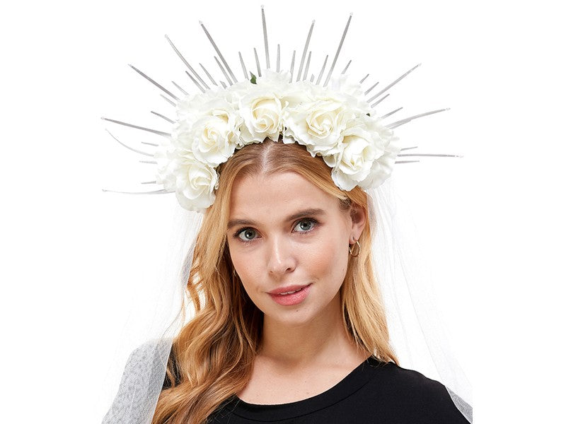 Headband-Day of the dead white silk flower with veil