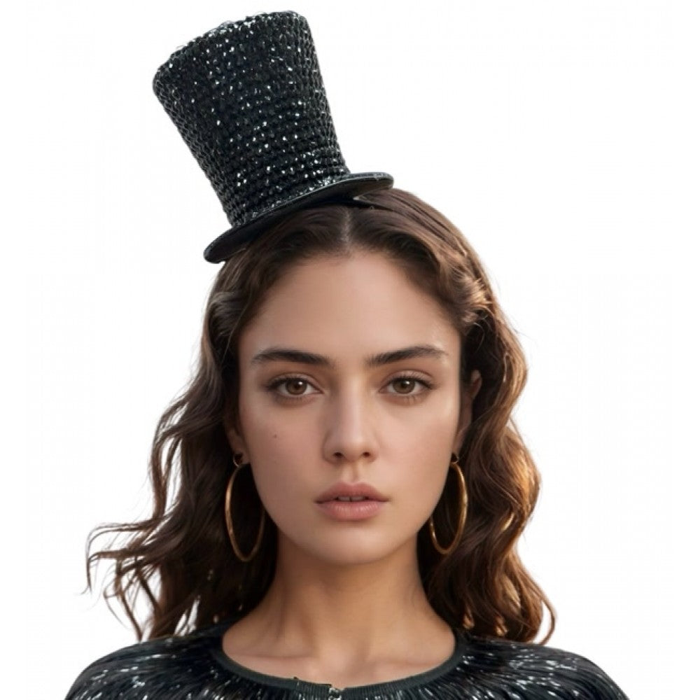 Diadema con mini sombrero de copa negro con pedrería