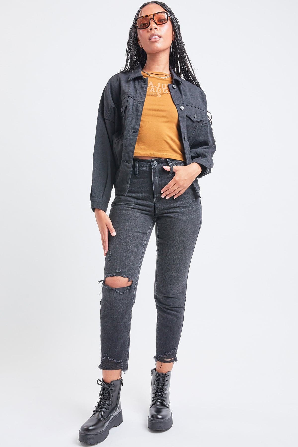 80S Style Denim Jacket with Elastic Black