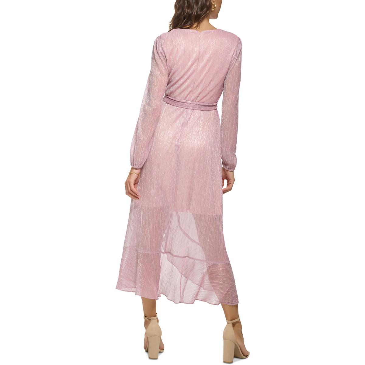 Metallic Faux Wrap Long Sleeve Dress Pink- Kensie