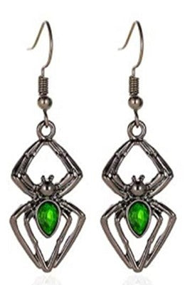 Silver Spider Earrings with Green & Black Gems