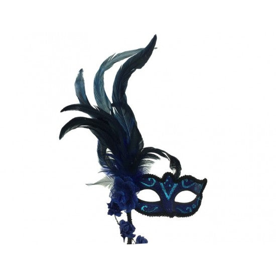 Masquerade Feather Mask with Stick Blue
