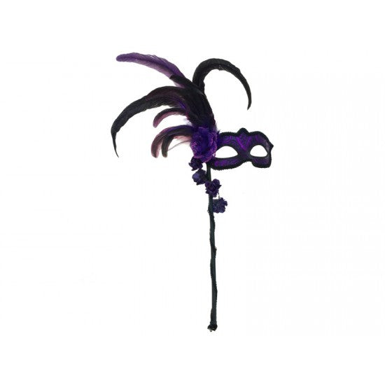 Masquerade Feather Mask with Stick Purple