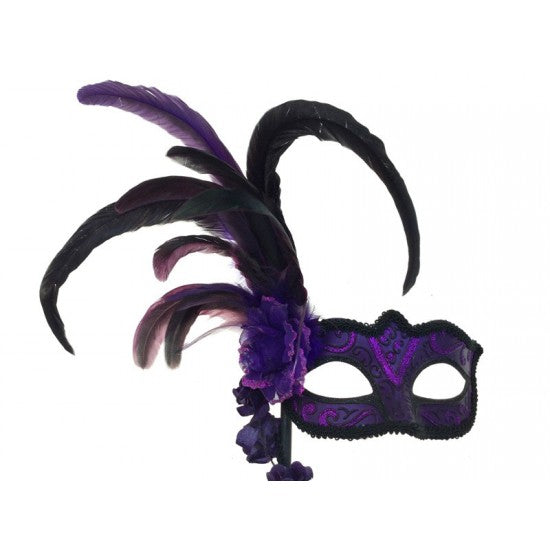 Masquerade Feather Mask with Stick Purple