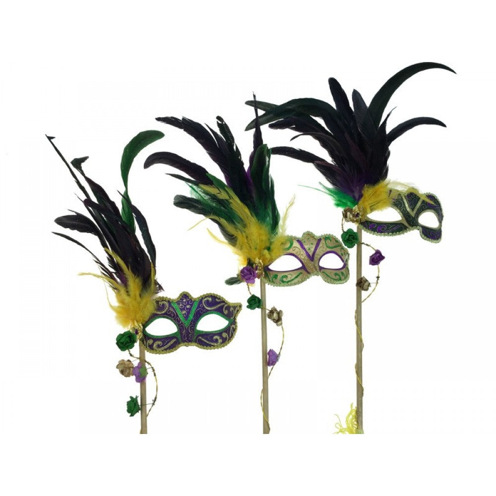 Masquerade Feather Mask with Stick Yellow