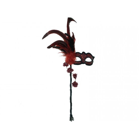 Masquerade Feather Mask with Stick Red
