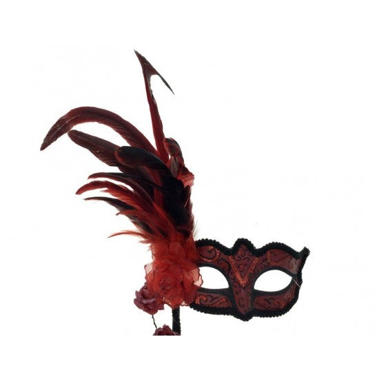 Masquerade Feather Mask with Stick Red