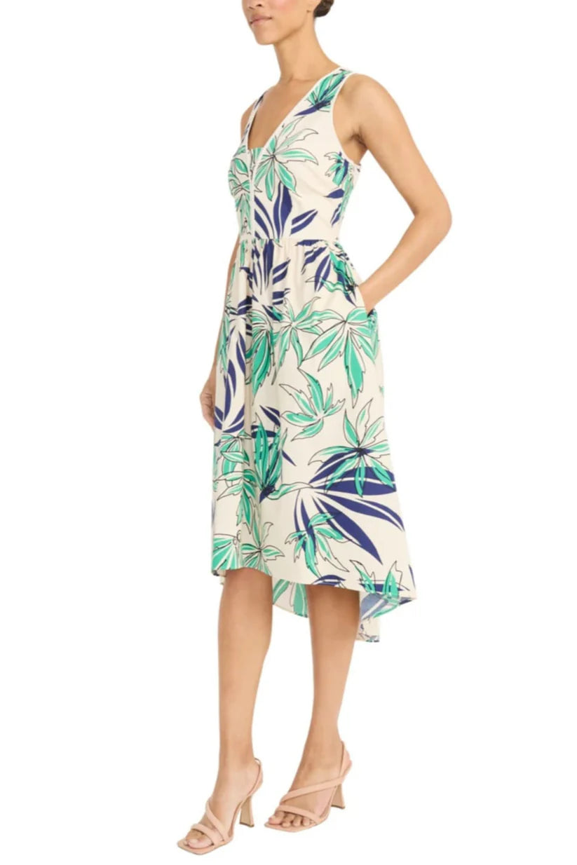 Palm Print Hi-Lo Midi Dress Ivory/Green - Maggy London