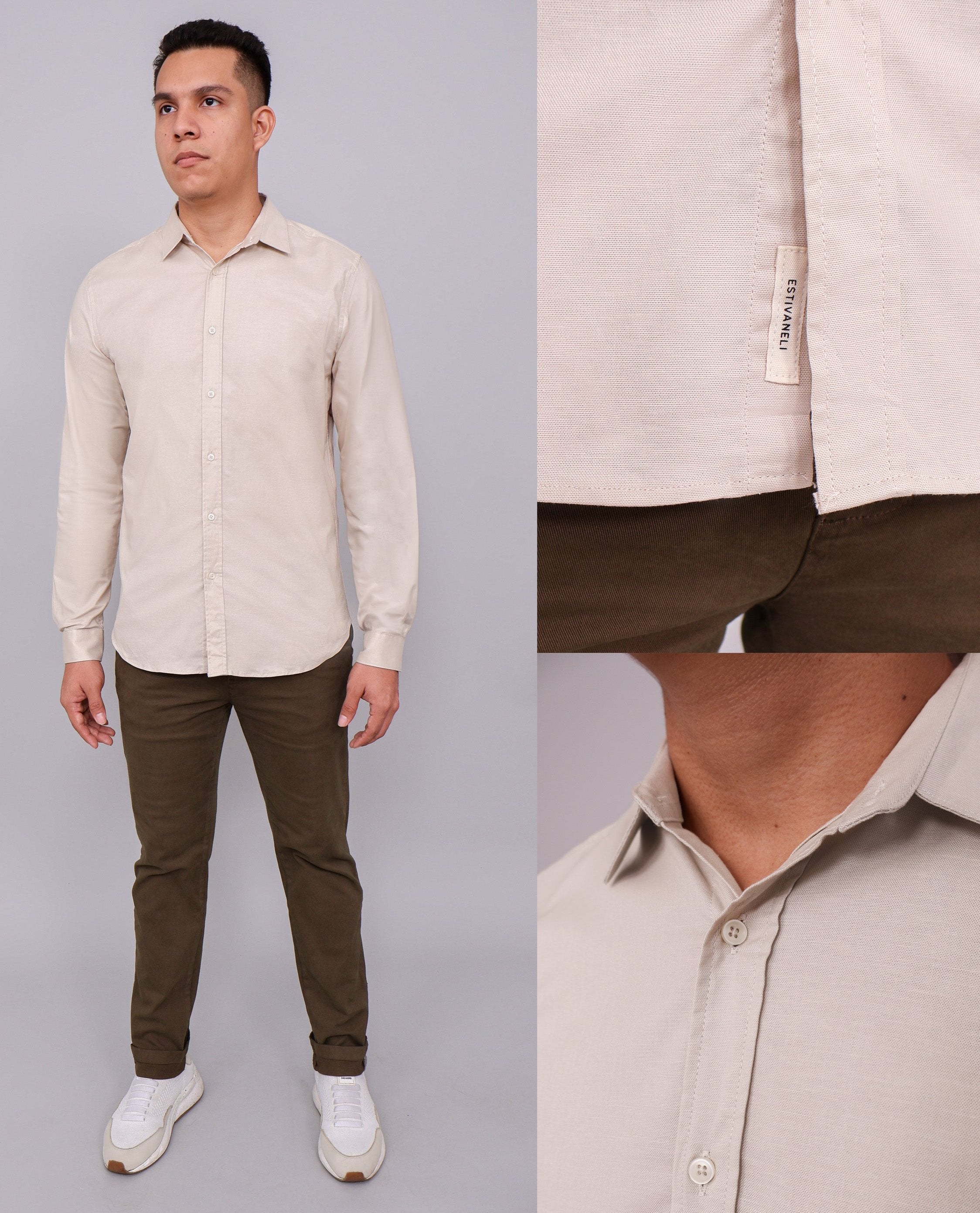Caballero Camisa Oxford Manga Larga Beige