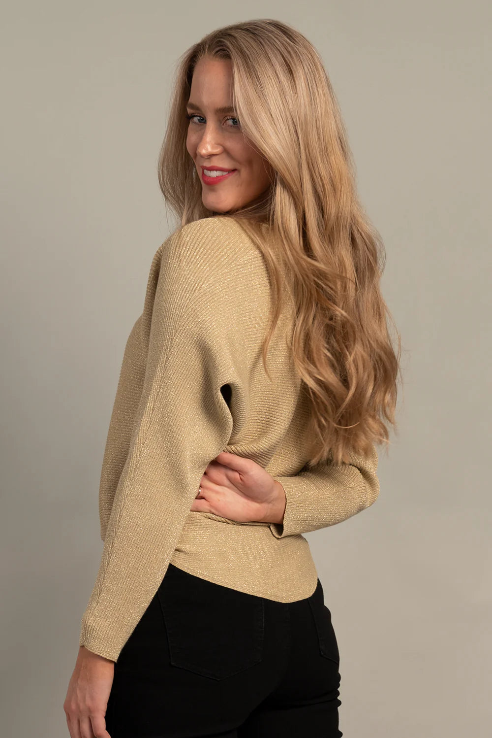Lurex Dolman Sweater v neck Gold- Ninety Clothing Co