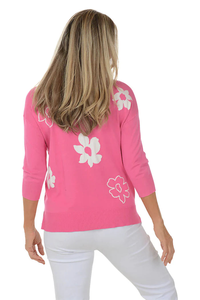 Floral Finesse V-Neck Sweater Pink / White