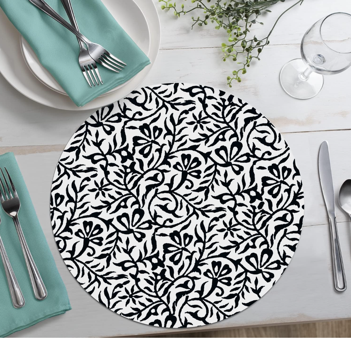 Black & White Woodblock Round Reversible Placemat