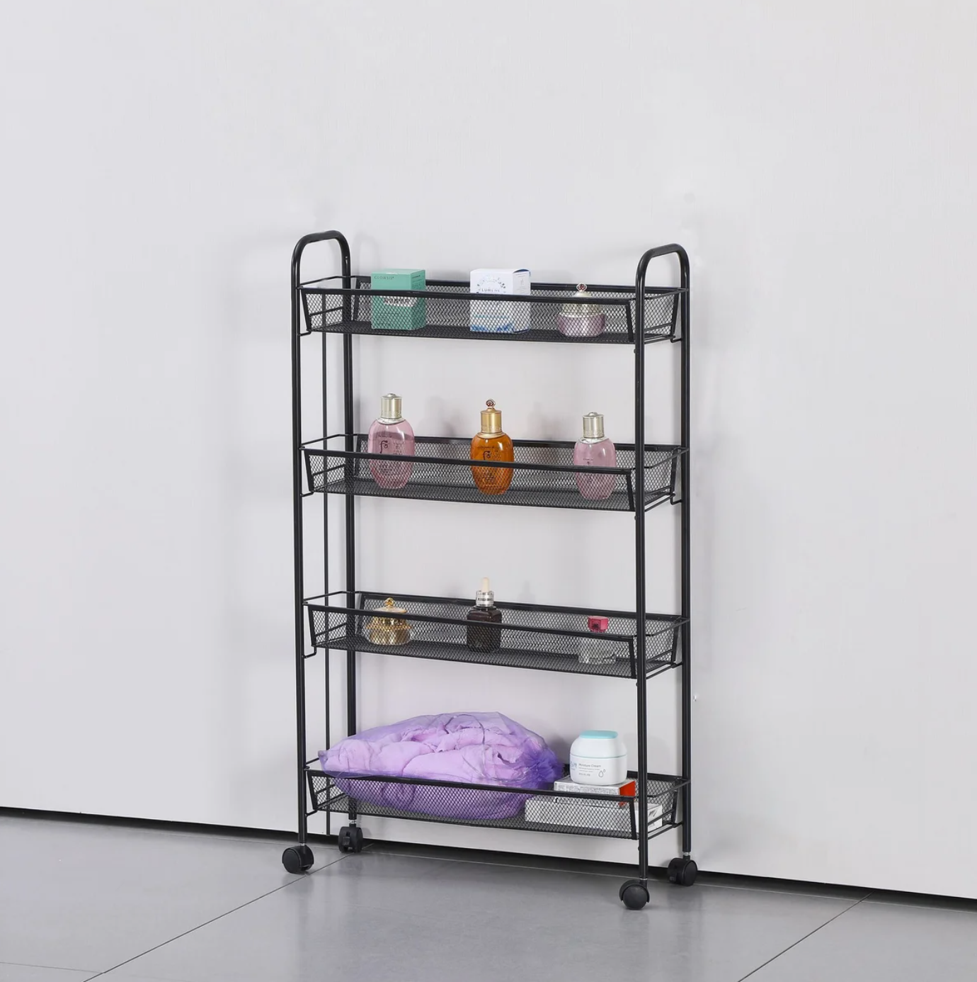 Matte Black - 4 Tier Mesh Basket Cart with 4 Wheels