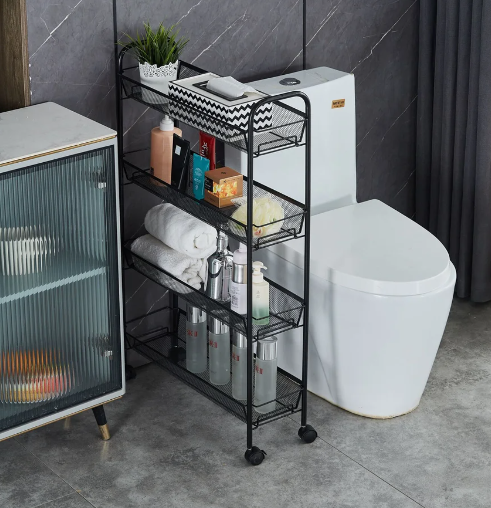 Matte Black - 4 Tier Mesh Basket Cart with 4 Wheels