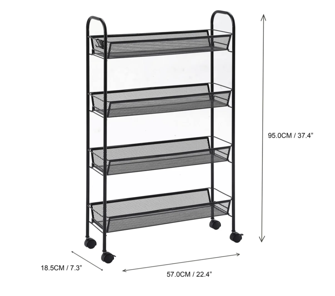 Matte Black - 4 Tier Mesh Basket Cart with 4 Wheels