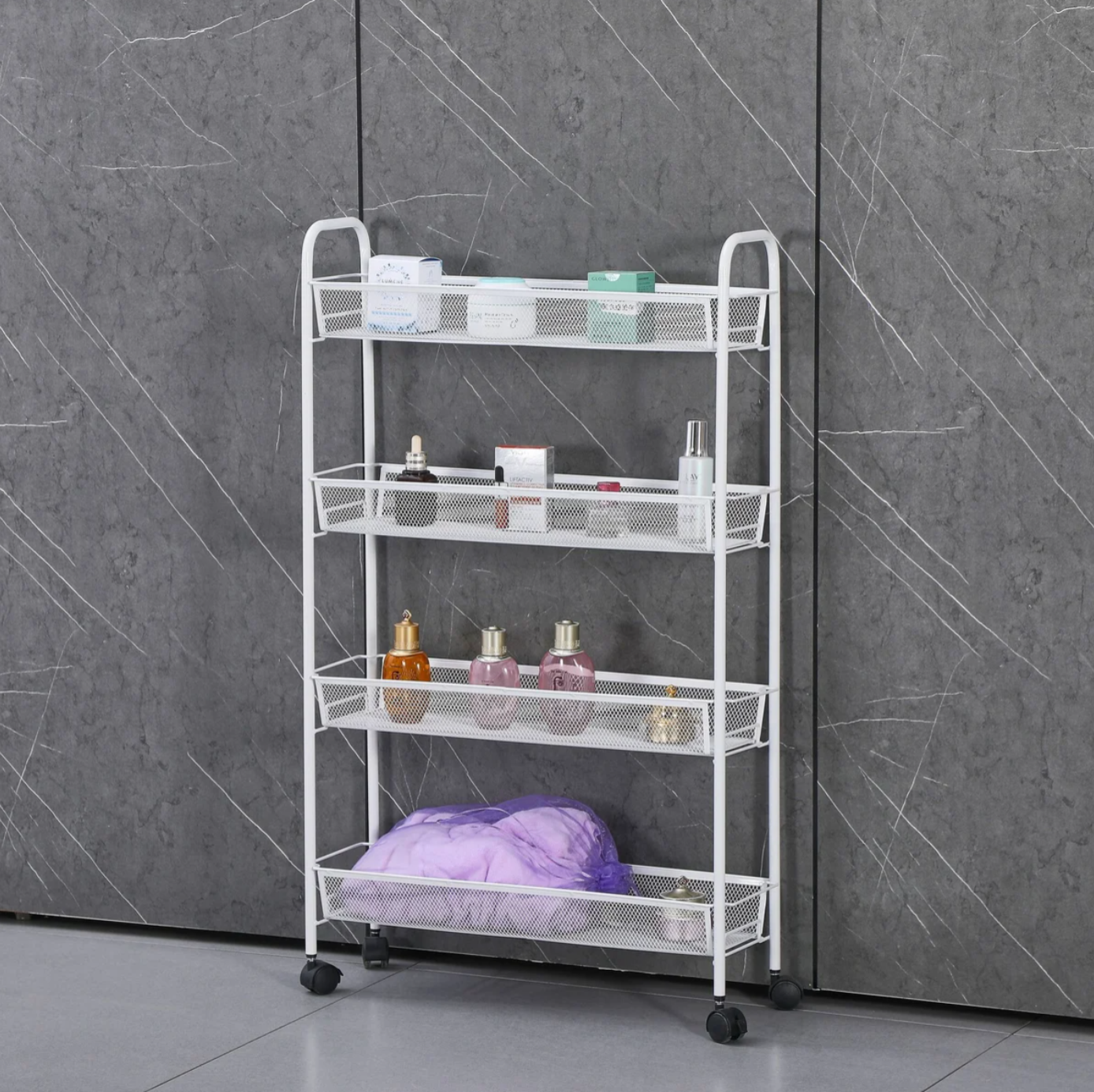 Matte White - 4 Tier Mesh Basket Cart with 4 Wheels