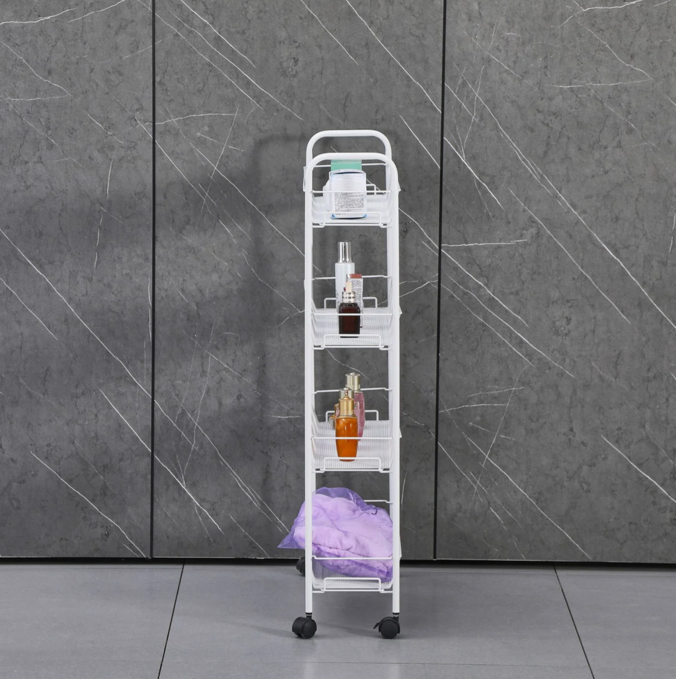 Matte White - 4 Tier Mesh Basket Cart with 4 Wheels