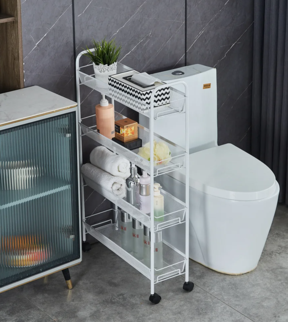 Matte White - 4 Tier Mesh Basket Cart with 4 Wheels