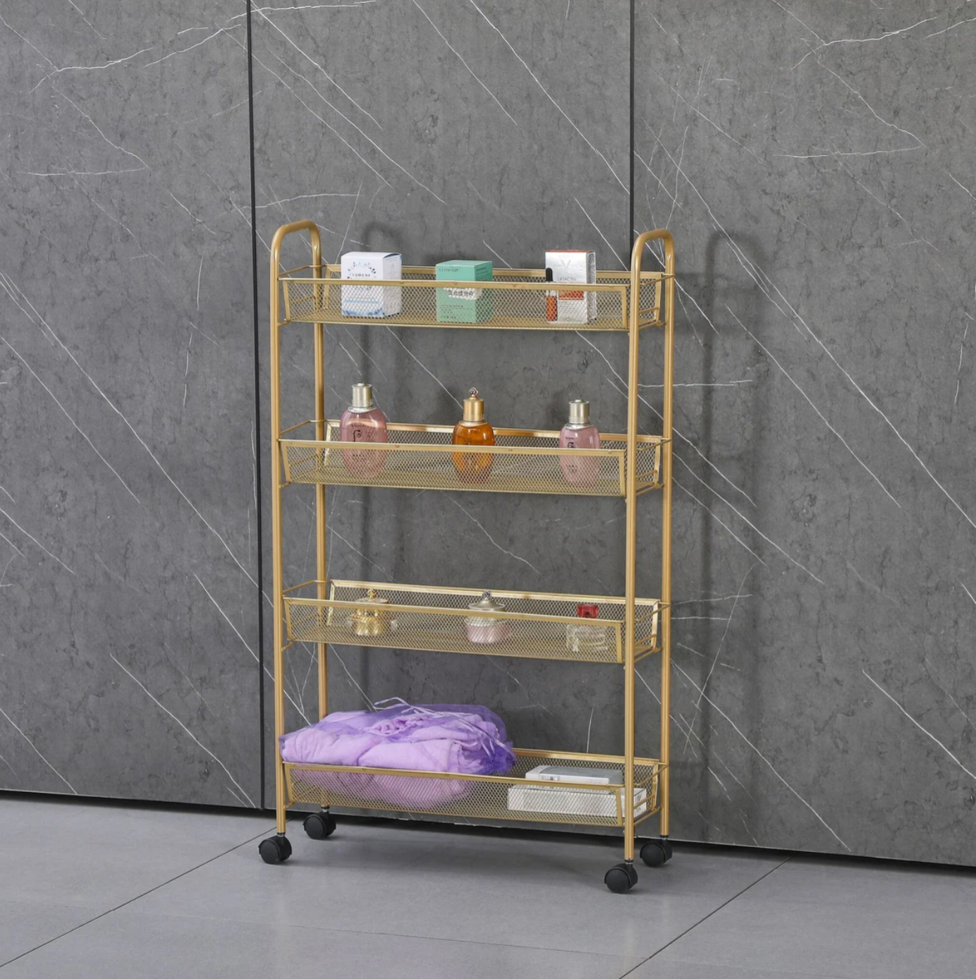 Matte Gold - 4 Tier Mesh Basket Cart with 4 Wheels