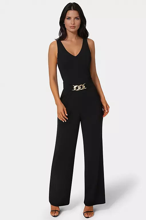 Ruffle Scuba Crepe Wide Leg Jumpsuit Black - Bebe