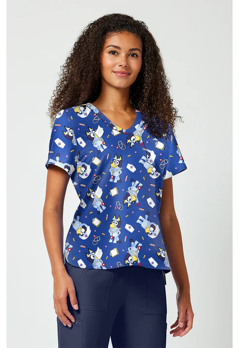 Blusa Quirúrgica Estampada con Cuello V Azul para Enfermera