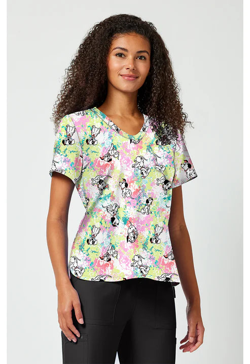 Estampado de blusa médica con cuello en V Puppy Pile